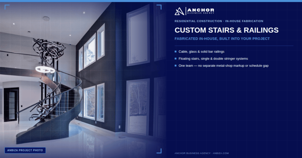 ANBIZA custom glass panel stair railing project photo, spiral staircase