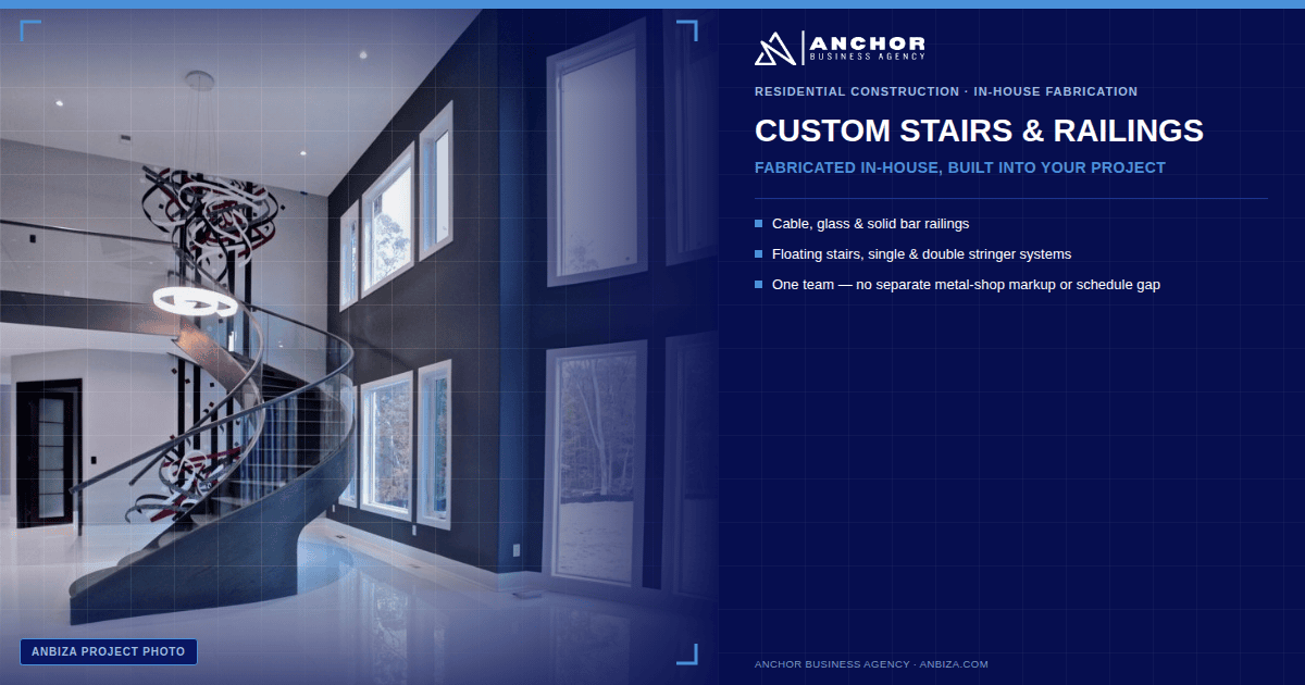 ANBIZA custom glass panel stair railing project photo, spiral staircase