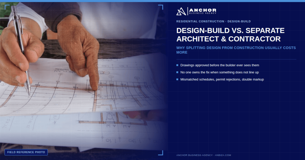 Architectural drawings and blueprints representing design-build versus separate architect and contractor project delivery